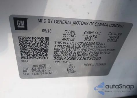 2018 Chevrolet Equinox Lt из США, поврежденный, VIN 2GNAXSEV3J6334250